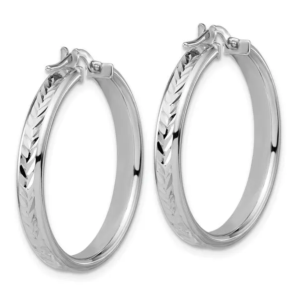 Leslie's Sterling Silver RH-plat Polish/Dia-cut Round Hoop Earrings Image 3 Ask Design Jewelers Olean, NY