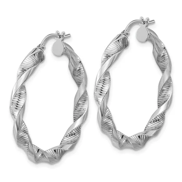 Leslie's Sterling Silver RH-plat Polish/Textured Twist Hoop Earrings Image 2 Arlene's Fine Jewelry Vidalia, GA