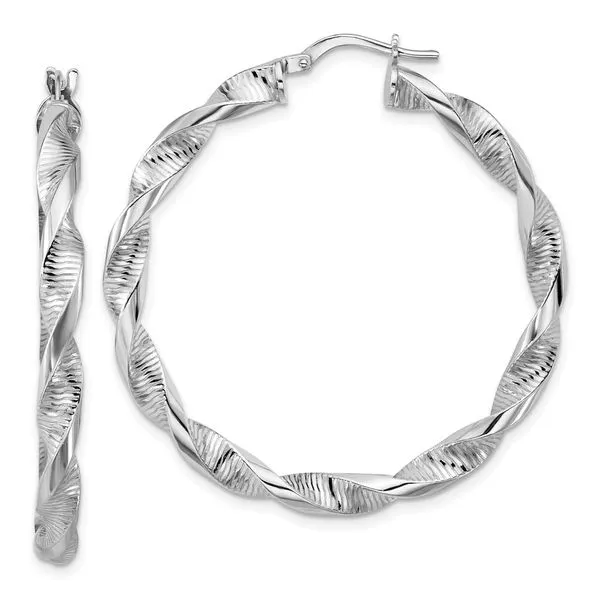 Leslie's Sterling Silver RH-plat Polish/Textured Twist Hoop Earrings J. West Jewelers Round Rock, TX