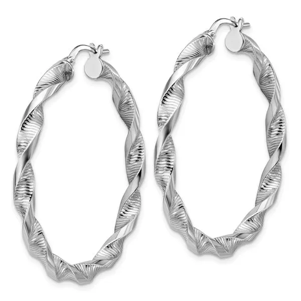 Leslie's Sterling Silver RH-plat Polish/Textured Twist Hoop Earrings Image 2 J. West Jewelers Round Rock, TX