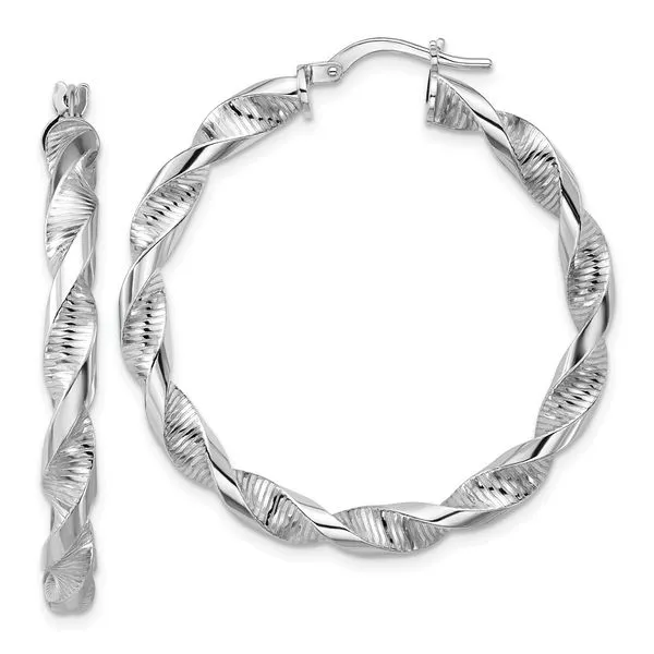 Leslie's Sterling Silver RH-plat Polish/Textured Twist Hoop Earrings Diny's Jewelers Middleton, WI
