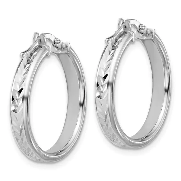 Leslie's Sterling Silver RH-plat Polish/Dia-cut Round Hoop Earrings Image 3 Thomas A. Davis Jewelers Holland, MI