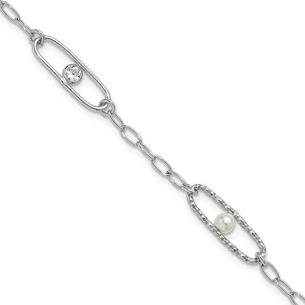 Leslie's Sterling Silver Rh-plated CZ and Crystal Pearl with 1in ext. Brace J. West Jewelers Round Rock, TX