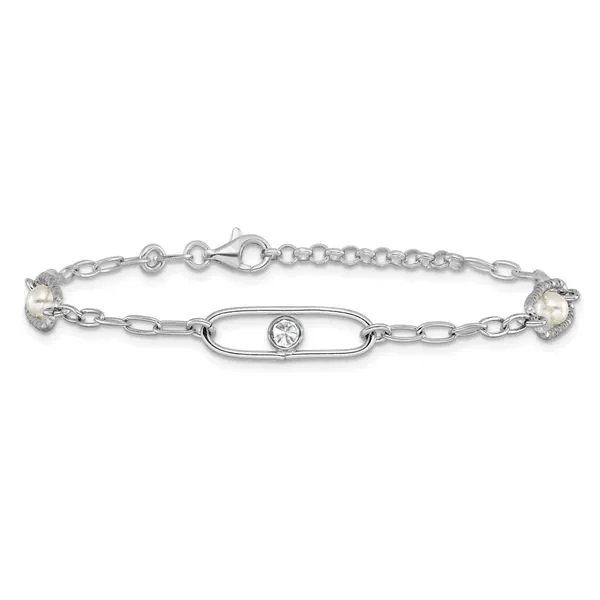 Leslie's Sterling Silver Rh-plated CZ and Crystal Pearl with 1in ext. Brace Image 3 Leslie E. Sandler Fine Jewelry and Gemstones rockville , MD