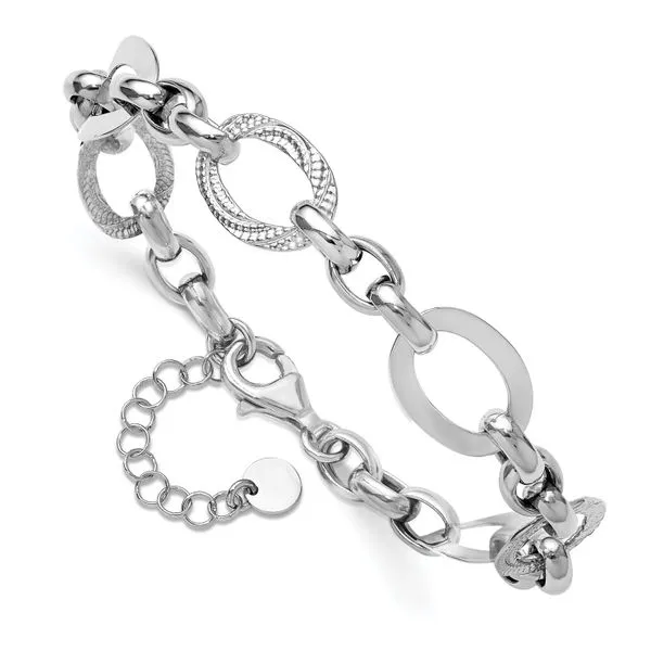 Leslie's SS RH-plat Polish/Textured Fancy Link w/1.25in ext. Bracelet Image 3 Valentine's Fine Jewelry Dallas, PA