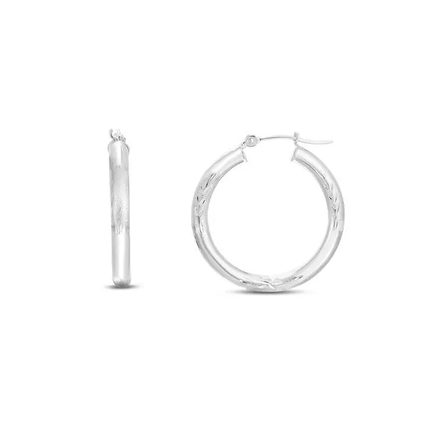 14K White Gold 3mm Diamond Cut & Polished Design Hoop Earring Tennies Jewelry Appleton, WI