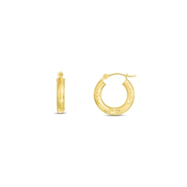 14K Yellow Gold 3mm Diamond Cut & Polished Design Hoop Earring Tennies Jewelry Appleton, WI