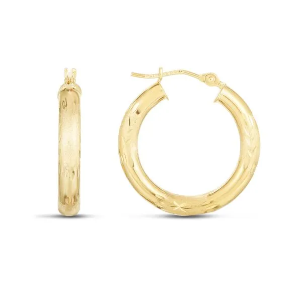 14K Yellow Gold 3mm Diamond Cut & Polished Design Hoop Earring Tennies Jewelry Appleton, WI