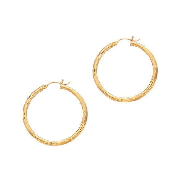 14K Yellow Gold 3mm Diamond Cut & Polished Design Hoop Earring Alan Miller Jewelers Oregon, OH