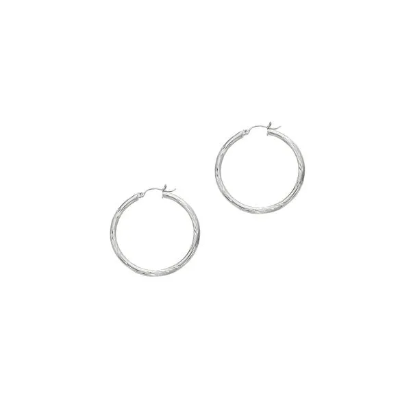 14K White Gold 3mm Diamond Cut & Polished Design Hoop Earring Tennies Jewelry Appleton, WI