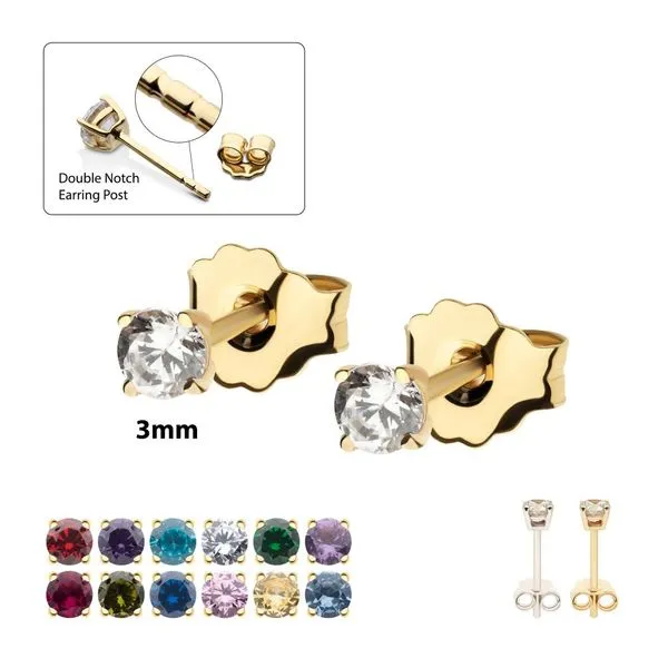 20g 14Kt Gold Birthstone Stud Earrings with 3mm 4-Prong Gem, Double Notch Post & Butterfly Back Valentine's Fine Jewelry Dallas, PA