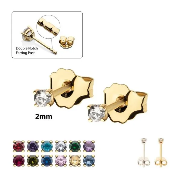 20g 14Kt Gold Birthstone Stud Earrings with 2mm 4-Prong Gem, Double Notch Post & Butterfly Back Cellini Design Jewelers Orange, CT