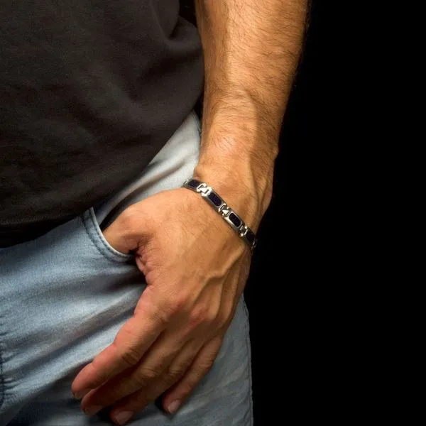 Matte Finish Stainless Steel Genuine Blue Sandstone Inlay Link Bracelet Image 4 Alexander Fine Jewelers Fort Gratiot, MI