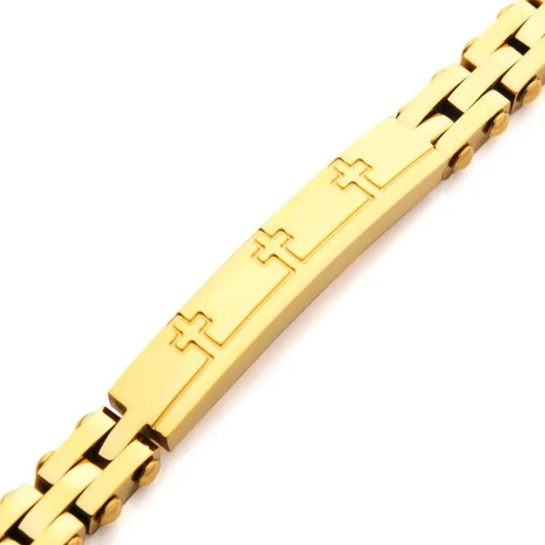 Trim Cut with Etched Cross 18Kt Gold IP Bracelet Image 3 Alan Miller Jewelers Oregon, OH