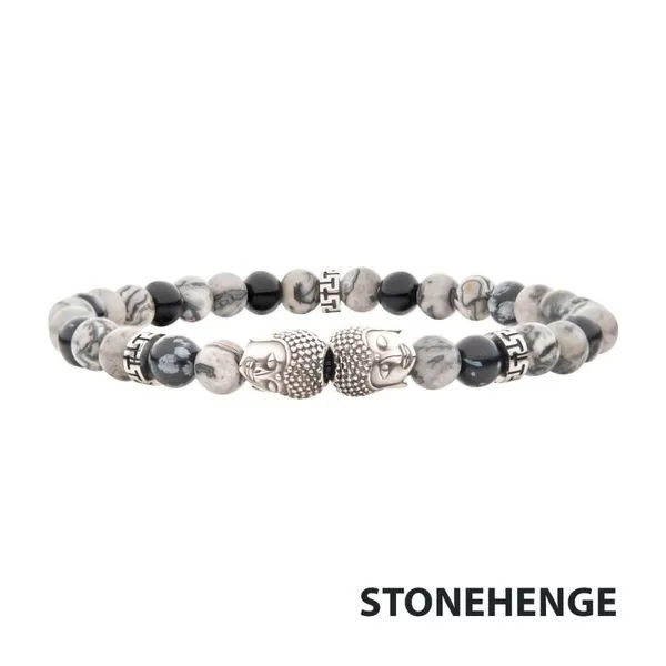 Steel Buddha Head Beads with Genuine Snowflake Obsidian Stone Beads Bracelet Ask Design Jewelers Olean, NY