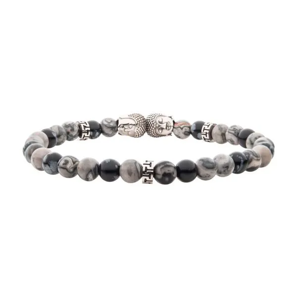 Steel Buddha Head Beads with Genuine Snowflake Obsidian Stone Beads Bracelet Image 2 Valentine's Fine Jewelry Dallas, PA