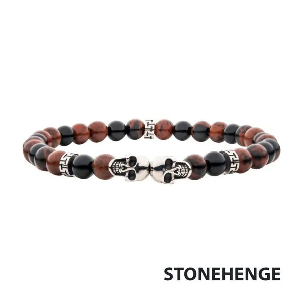 Steel Skull Beads with Genuine Mahogany Obsidian Stone Beads Bracelet Spath Jewelers Bartow, FL