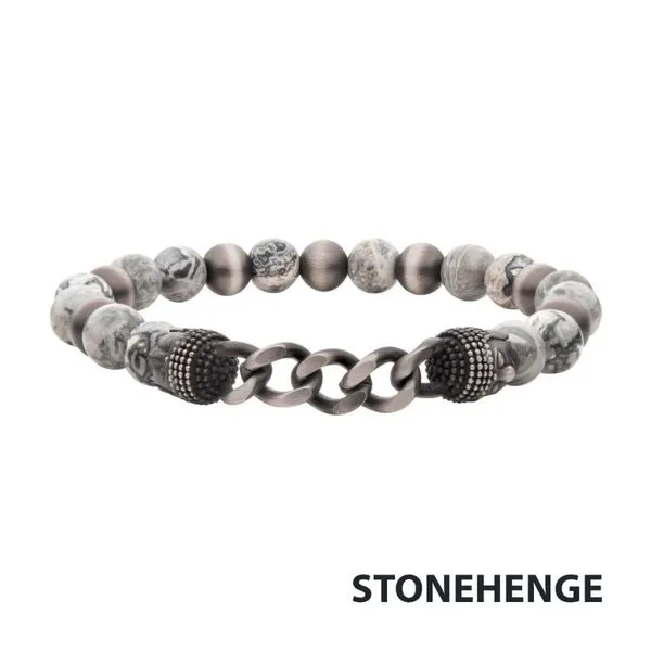Gun Metal IP Buddha Curb Chain with Genuine Grey Jasper Stone Beads Bracelet Alan Miller Jewelers Oregon, OH