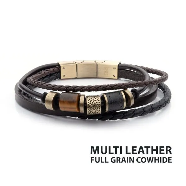 Black & Brown Leather with Tiger's Eye Stone Bead Multi-Strand Bracelet Daniel Jewelers Brewster, NY