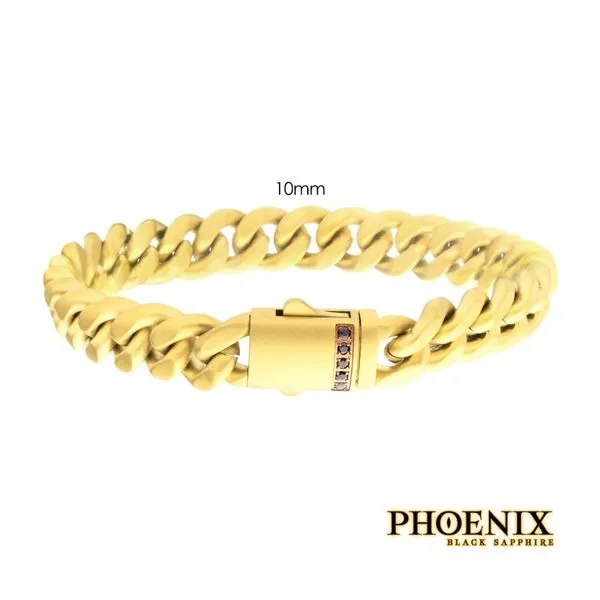 10mm 18Kt Gold IP Steel Matte Finish Miami Cuban Chain Bracelet with Genuine Black Sapphire Rihner's Jewelry Gretna, LA