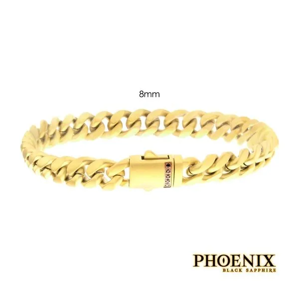8mm 18Kt Gold IP Steel Matte Finish Miami Cuban Chain Bracelet with Genuine Black Sapphire Cellini Design Jewelers Orange, CT
