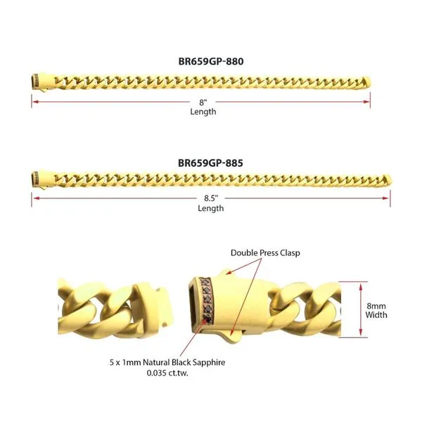 8mm 18Kt Gold IP Steel Matte Finish Miami Cuban Chain Bracelet with Genuine Black Sapphire Image 4 Carroll's Jewelers Fort Lauderdale, FL