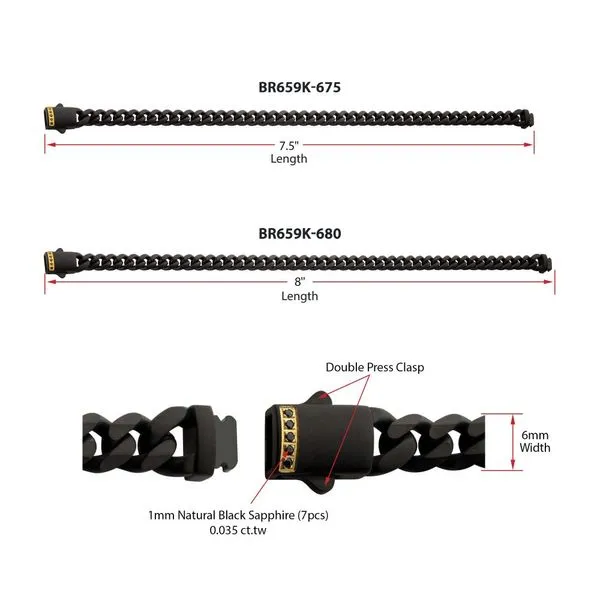 6mm Black IP Steel Matte Finish Miami Cuban Chain Bracelet with 1mm Genuine Black Sapphire Gem Image 4 Rihner's Jewelry Gretna, LA