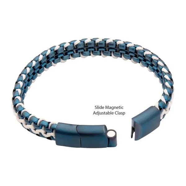 Matte Finish Blue IP Stainless Steel Box Chain with White Wax Cord Bracelet Image 3 Alan Miller Jewelers Oregon, OH