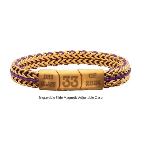Matte Finish Gold IP Stainless Steel Foxtail Chain with Purple Wax Cord Bracelet Image 2 Carroll's Jewelers Fort Lauderdale, FL