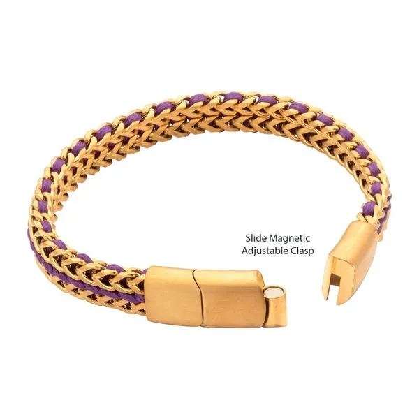 Matte Finish Gold IP Stainless Steel Foxtail Chain with Purple Wax Cord Bracelet Image 3 Daniel Jewelers Brewster, NY