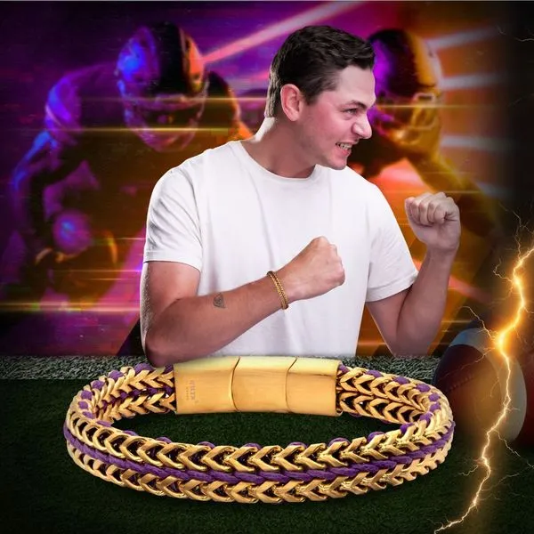 Matte Finish Gold IP Stainless Steel Foxtail Chain with Purple Wax Cord Bracelet Image 5 Daniel Jewelers Brewster, NY