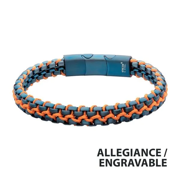Matte Finish Blue IP Stainless Steel Box Chain with Orange Wax Cord Bracelet Cellini Design Jewelers Orange, CT