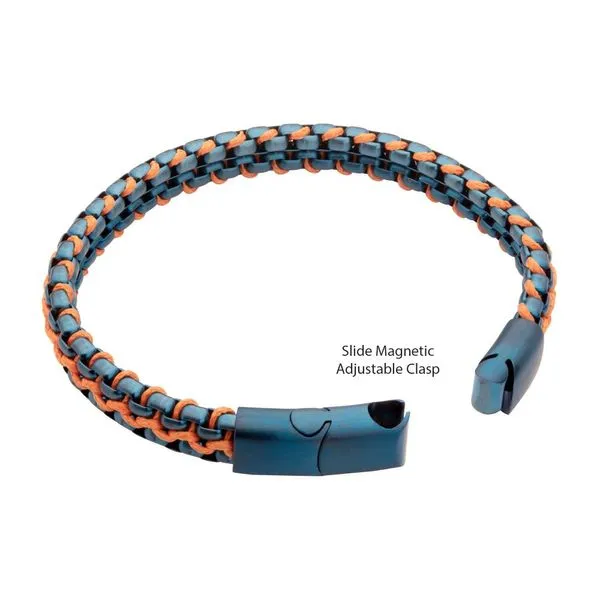 Matte Finish Blue IP Stainless Steel Box Chain with Orange Wax Cord Bracelet Image 3 Cellini Design Jewelers Orange, CT