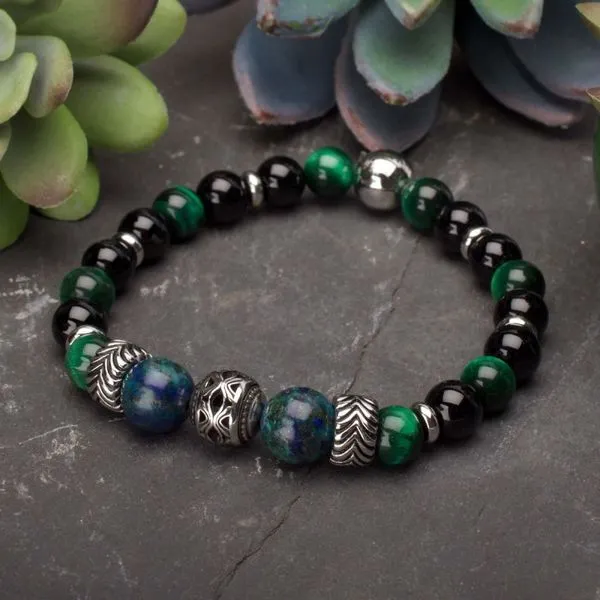 Black Onyx, Green Tiger Eye & Lapis Lazuli Stone with Cast Steel Bead Bracelet Image 2 Cellini Design Jewelers Orange, CT