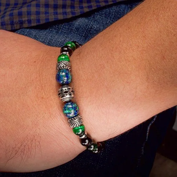 Black Onyx, Green Tiger Eye & Lapis Lazuli Stone with Cast Steel Bead Bracelet Image 3 Thomas A. Davis Jewelers Holland, MI