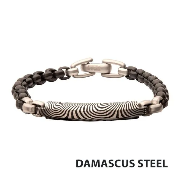 Black IP Steel Box Chain Bracelet with Damascus Steel Plate Thomas A. Davis Jewelers Holland, MI