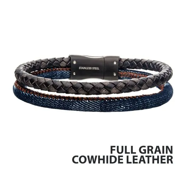 Double Strand Antiqued Full Grain Cowhide Leather and Denim with Stainless Steel Bracelet  Thomas A. Davis Jewelers Holland, MI