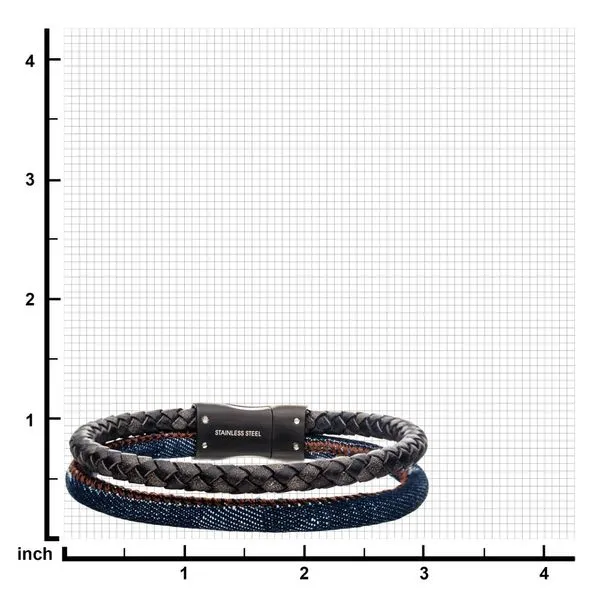 Double Strand Antiqued Full Grain Cowhide Leather and Denim with Stainless Steel Bracelet  Image 3 Thomas A. Davis Jewelers Holland, MI