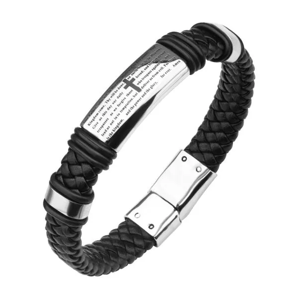 Black Braided Leather with Lord's Prayer ID Steel Bracelet Image 2 Ken Walker Jewelers Gig Harbor, WA