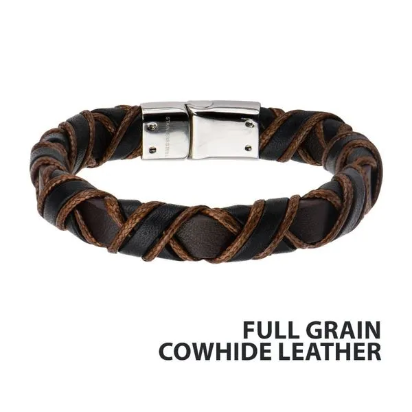 Stainless Steel Clasp with Woven Black & Light Brown Full Grain Cowhide Leather Bracelet Timmreck & McNicol Jewelers McMinnville, OR