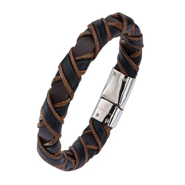 Stainless Steel Clasp with Woven Black & Light Brown Full Grain Cowhide Leather Bracelet Image 2 Timmreck & McNicol Jewelers McMinnville, OR