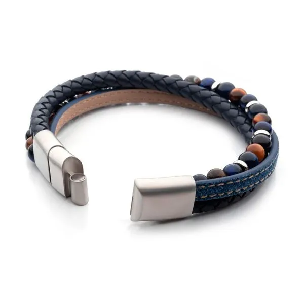 Full Grain Cowhide Leather & Blue Denim with Lapis Lazuli & Tiger's Eye Stone Multi-Strand Bracelet Image 3 Cellini Design Jewelers Orange, CT