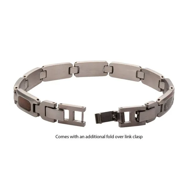 Stainless Steel Matte Finish Link Bracelet with Meteorite & Black Dinosaur Bone Inlay Image 4 Ask Design Jewelers Olean, NY