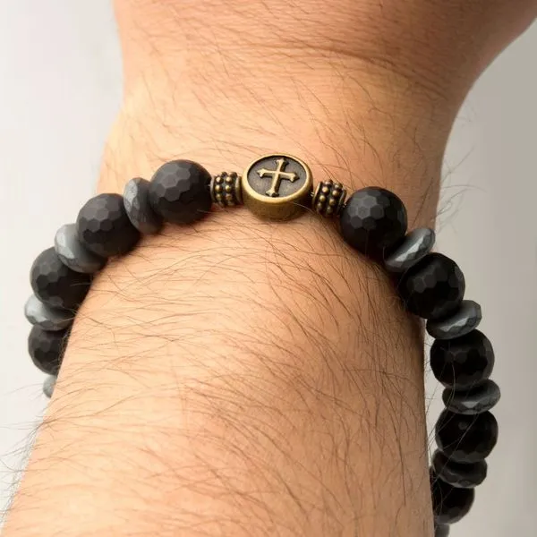 Black Beads in Cross & Skull Bracelet with Lobster Clasp Image 2 Rihner's Jewelry Gretna, LA