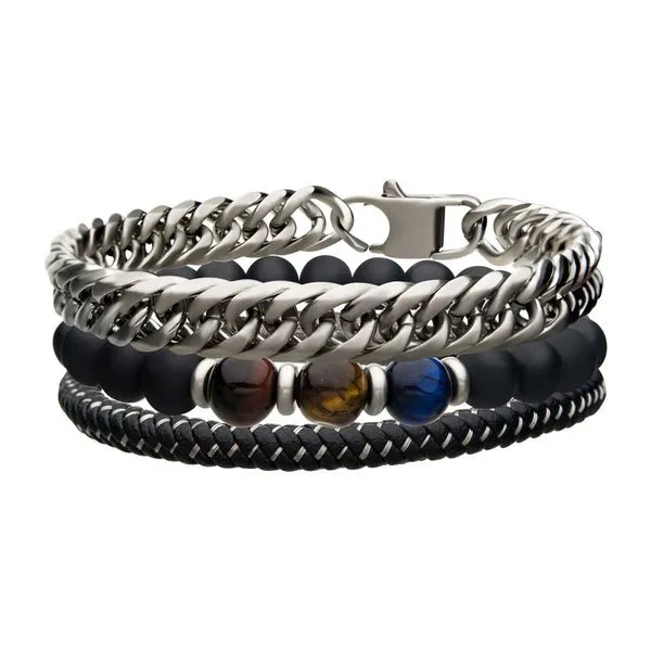 Black Braided Leather, Stone Beads & Stainless Steel Curb Chain Stackable Bracelet Cellini Design Jewelers Orange, CT