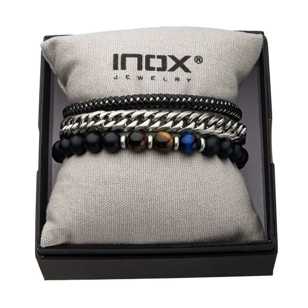 Black Braided Leather, Stone Beads & Stainless Steel Curb Chain Stackable Bracelet Image 2 Cellini Design Jewelers Orange, CT