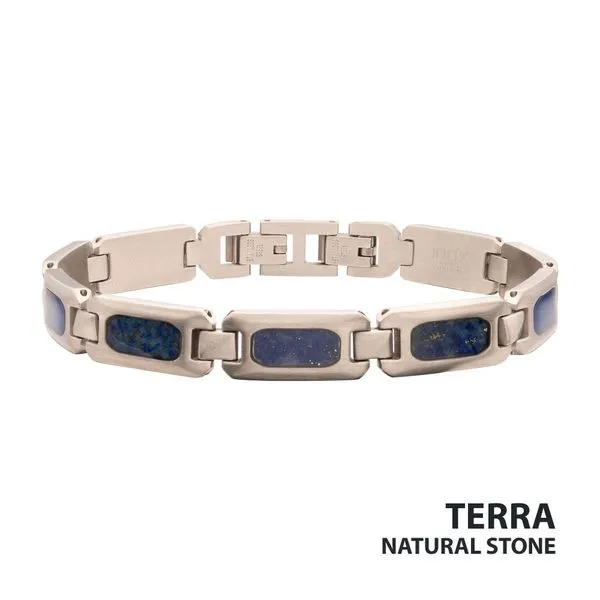Matte Finish Stainless Steel Lapis Lazuli Stone Inlay Sizeable Link Bracelet Trenton Jewelers Ltd. Trenton, MI