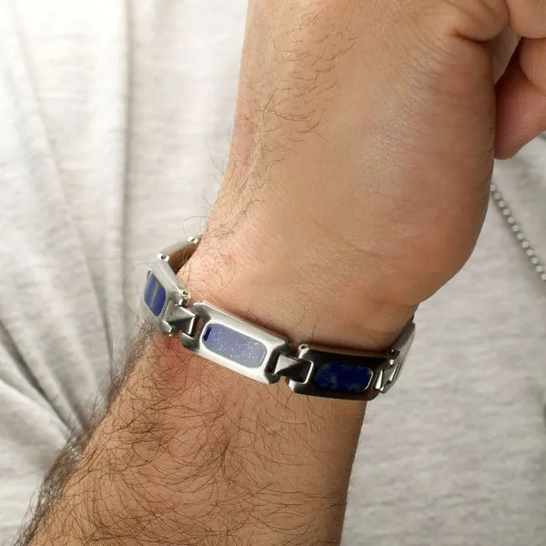 Matte Finish Stainless Steel Lapis Lazuli Stone Inlay Sizeable Link Bracelet Image 5 Woelk's House of Diamonds Russell, KS