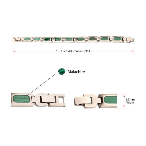 Matte Finish Stainless Steel Malachite Stone Inlay Sizeable Link Bracelet Image 4 Alan Miller Jewelers Oregon, OH
