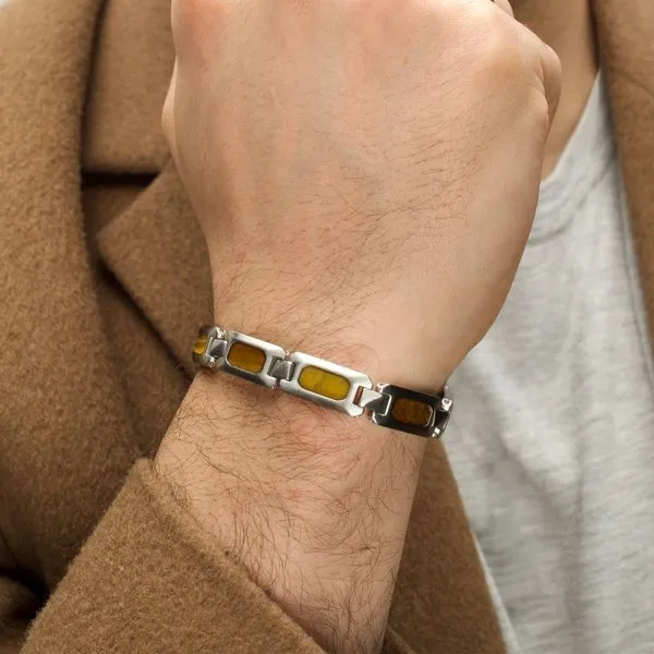 Matte Finish Stainless Steel Tiger Eye Stone Inlay Sizeable Link Bracelet Image 5 Woelk's House of Diamonds Russell, KS